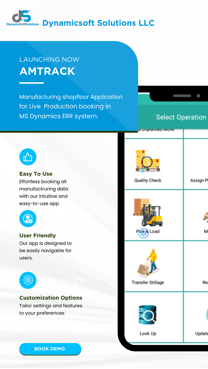 Amtrack manufacturing shop-floor application promotional banner, showing the mobile app's Select Operation screen with quality check, pick and load, and transfer stillage options.